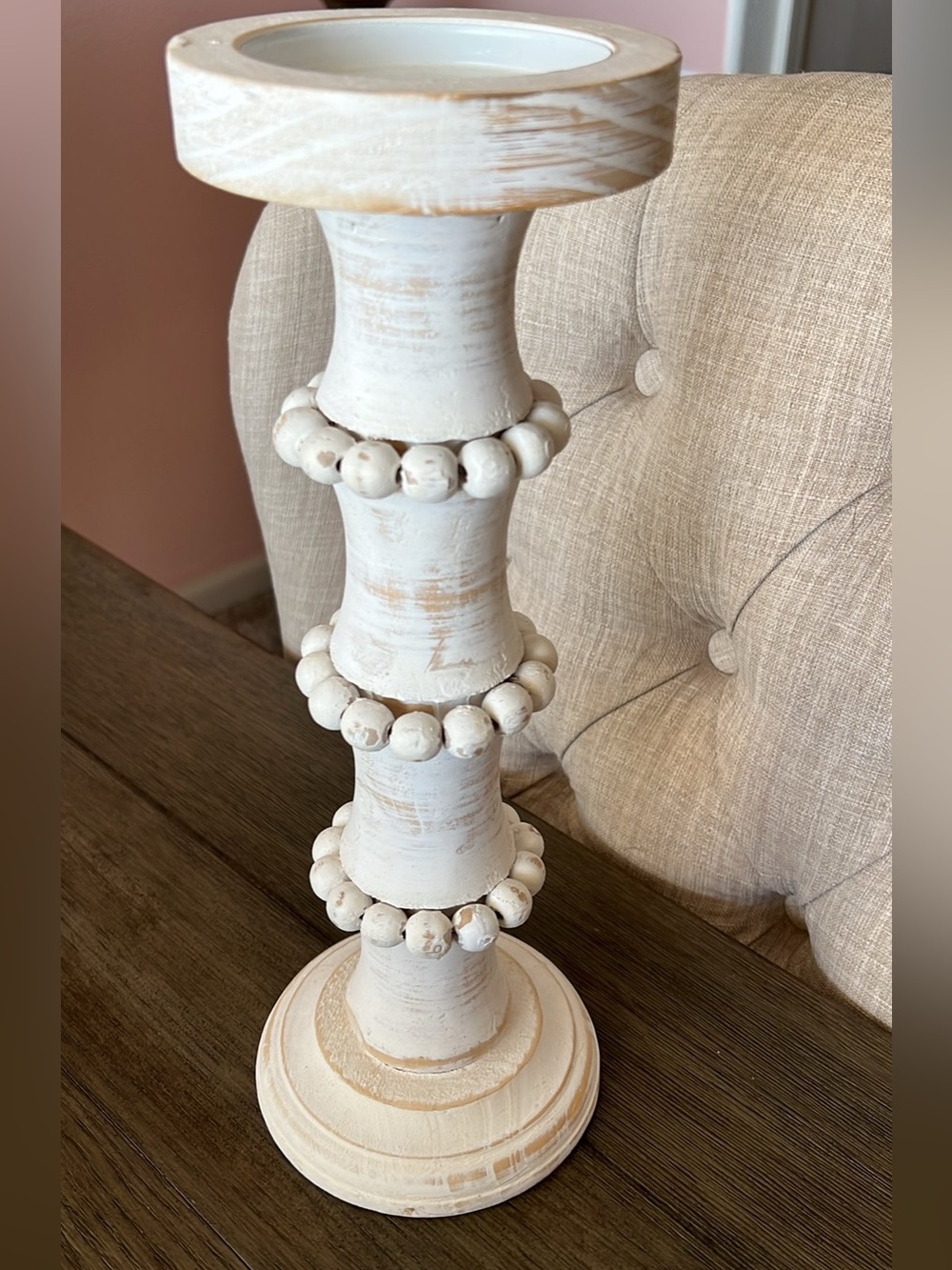 🕯️Distressed White Wooden Beaded Candle Holder 🕯️